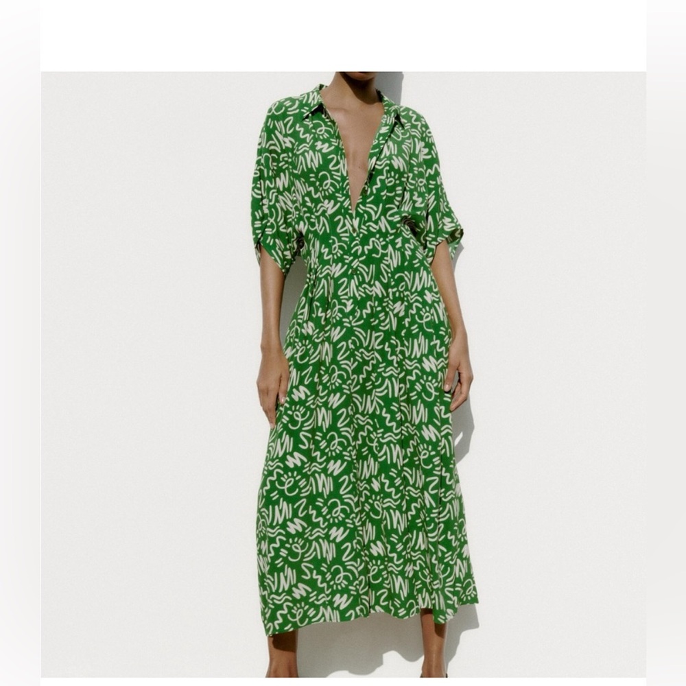 Zara Dress Womens Size L The Elora Green and White Printed Midi Button Up